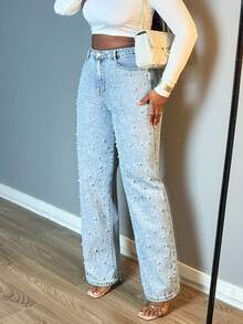 Women's Mid Waist Straight Leg Non-Stretch Denim Jeans, Pearl Beaded Wide Leg Casual Pants - Rửa nhẹ - Xem 4