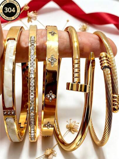 5/1pc Set - Exquisite 304 Stainless Steel Bracelet Set, Luxury Clover Nail Twist Rope Style, Gold And White Color, Ideal For Commuting, Dating And Gifting, Fade-Resistant