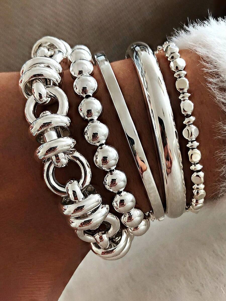 5pcs Vintage Exaggerated Minimalist Coin Design Layered Chunky Chain Beaded Bracelet Set, Suitable For Dating, Vacation, Daily Wear, Party, Holiday Gift For Women