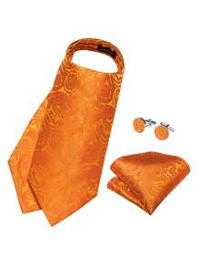 Bộ 4 món trang sức nam thanh lịch màu cam họa tiết cây nhiệt đới gồm cà vạt Ascot, khăn cài túi, khuy măng sét và nhẫn vàng, thích hợp cho tiệc cưới. - trái cam - Xem 4
