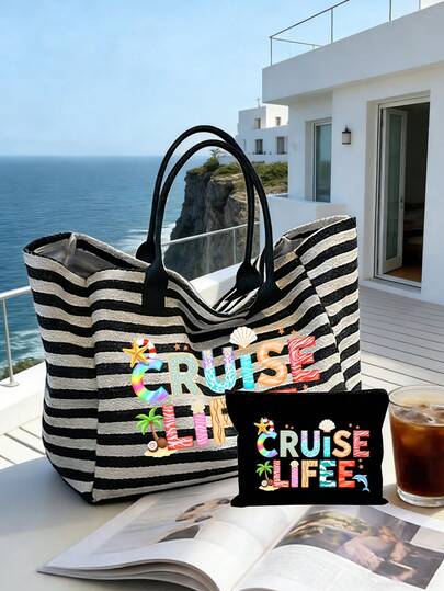 Cruise Life 条纹沙滩手提包套装，大容量帆布夏季度假手提包，配有配套收纳袋，热带邮轮主题单肩包，适合海滩旅行、购物，是邮轮度假、海滩休闲、泳池派对和日常使用的理想之选，适合女性、旅行者、邮轮爱好者和度假达人，是复活节、暑假、生日和节日送礼的完美选择，多功能用途，可用作沙滩包、手提包、旅行包和邮轮配件。
