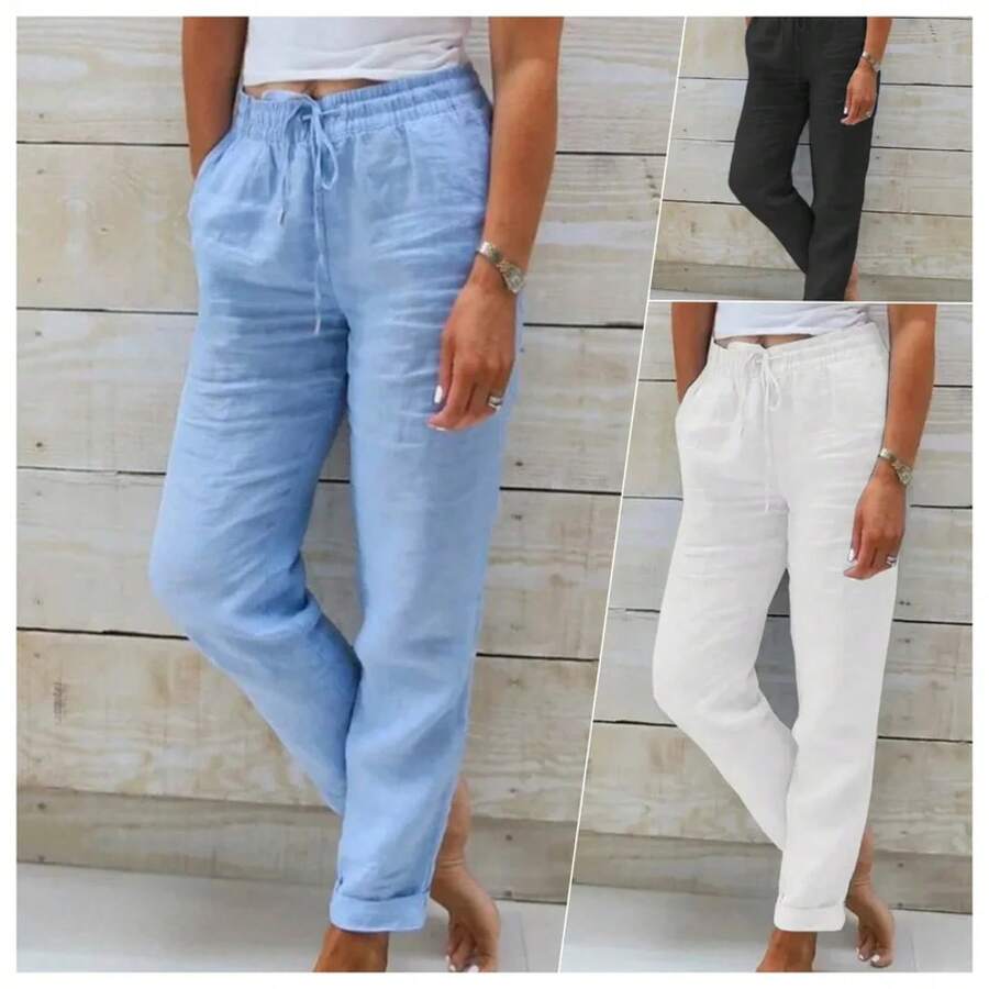 Cotton Linen Summer Pants For Women High Waist Elastic Casual Trousers Streetwear Solid Female Clothes 2026 Loose Pencil Pants - 綠色 - 查看 1