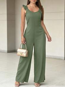Bộ jumpsuit nữ kiểu dáng thường ngày, dây bèo nhún, cổ chữ U, hở lưng, xếp ly, cạp cao, ống rộng, thích hợp cho kỳ nghỉ hè và mặc dạo phố. - Màu xanh Ô liu - Xem 1