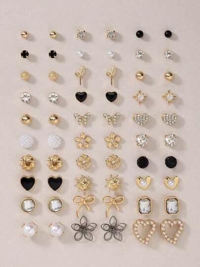30 Pairs/Sets Of Mixed Earrings - Featuring Simple And Cute Designs Including Hearts, Teardrops, Butterflies, Rhinestones, Flowers, And Sun Motifs, Suitable For Daily Wear And Festive Styling - An Ideal Gift For Women
