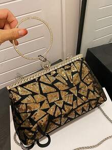 Túi xách cầm tay tròn đính sequin hình học lấp lánh với dây đeo kim loại, thích hợp cho tiệc tối, đám cưới, sinh nhật, hộp đêm, các dịp trang trọng, họp mặt và cuộc sống về đêm cuối tuần. - Vàng - Xem 3
