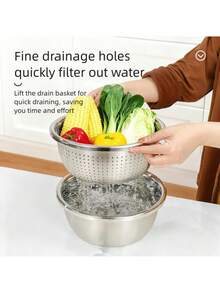 2pcs Stainless Steel Kitchen Set - Includes Thick Multi-Function Colander And Steamer Basket, Suitable For Rinsing Rice, Fruits, Pasta, Soup Pot And Whisk | Dishwasher , Anti-Rust, Space-Saving Design - Golden Drain Net - View 12