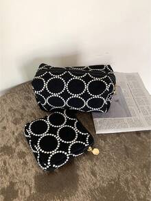 1 pieza Bolsa de maquillaje con patrón geométrico en blanco y negro, bolsa de cosméticos portátil con cremallera, bolsa de almacenamiento multifuncional para viajes & uso diario - Bolsa de maquillaje - Ver 5