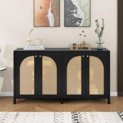 Modern And Minimalist Style Dining Room Cabinet With 4 Rattan Cabinet Doors And Metal Handles; Minimalist Sideboard Cabinet For Dining Room, Living Room Or Kitchen (Black)