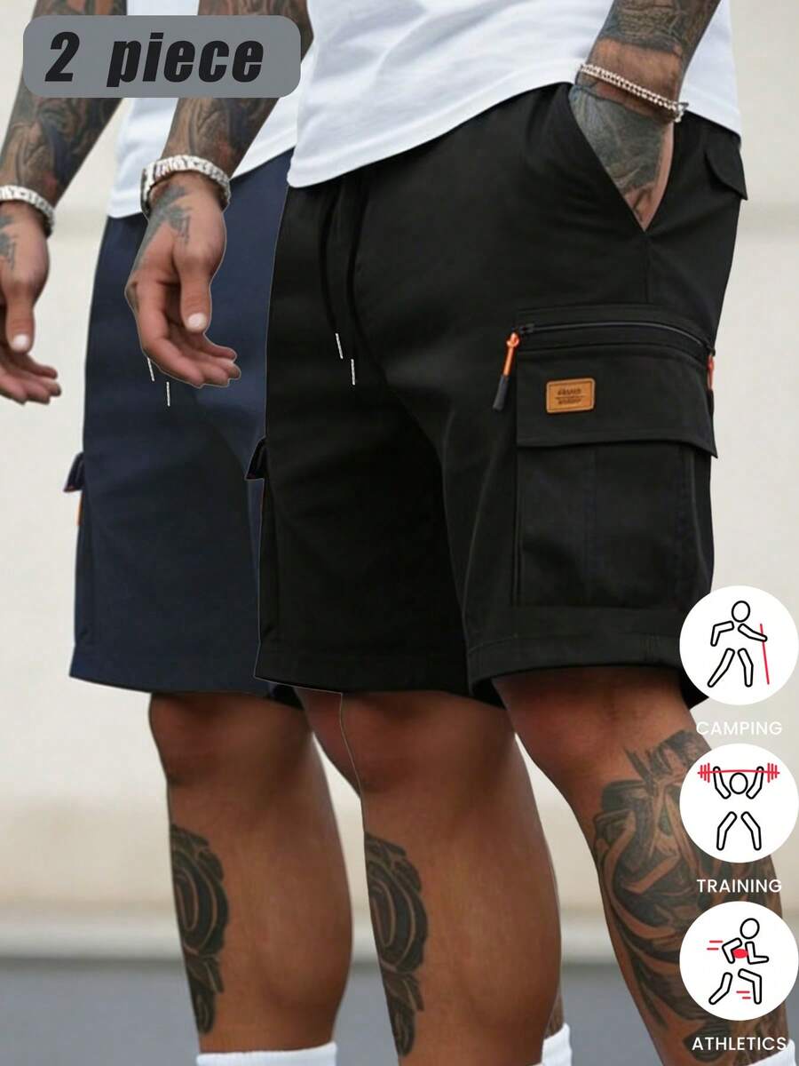 2pcs/Set Men's Khaki Casual Shorts, Drawstring Elastic Waist Multi-Pocket Summer Shorts Sports - Multicolor - View 1