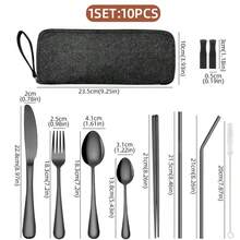10 piezas Juego de cubiertos de viaje portátil dorado, utensilios reutilizables de acero inoxidable con caja de almacenamiento, que incluye cubiertos, pajitas y cepillo de limpieza, cubiertos para camping, oficina, escuela, almuerzo y viaje - - - Ver 10