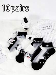 Calcetines cortos de malla transpirable con diseño de gato de dibujos animados, calcetines casuales de verano - Multicolor - Ver 7