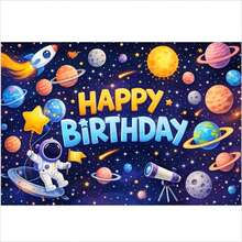 2D 平面太空主题生日装饰横幅背景，外太空派对背景，宇航员火箭星球装饰，适用于生日派对、主题派对、家居花园装饰、儿童室内/室外拍照道具、派对横幅，乙烯基材质 - 彩色 - 查看 10