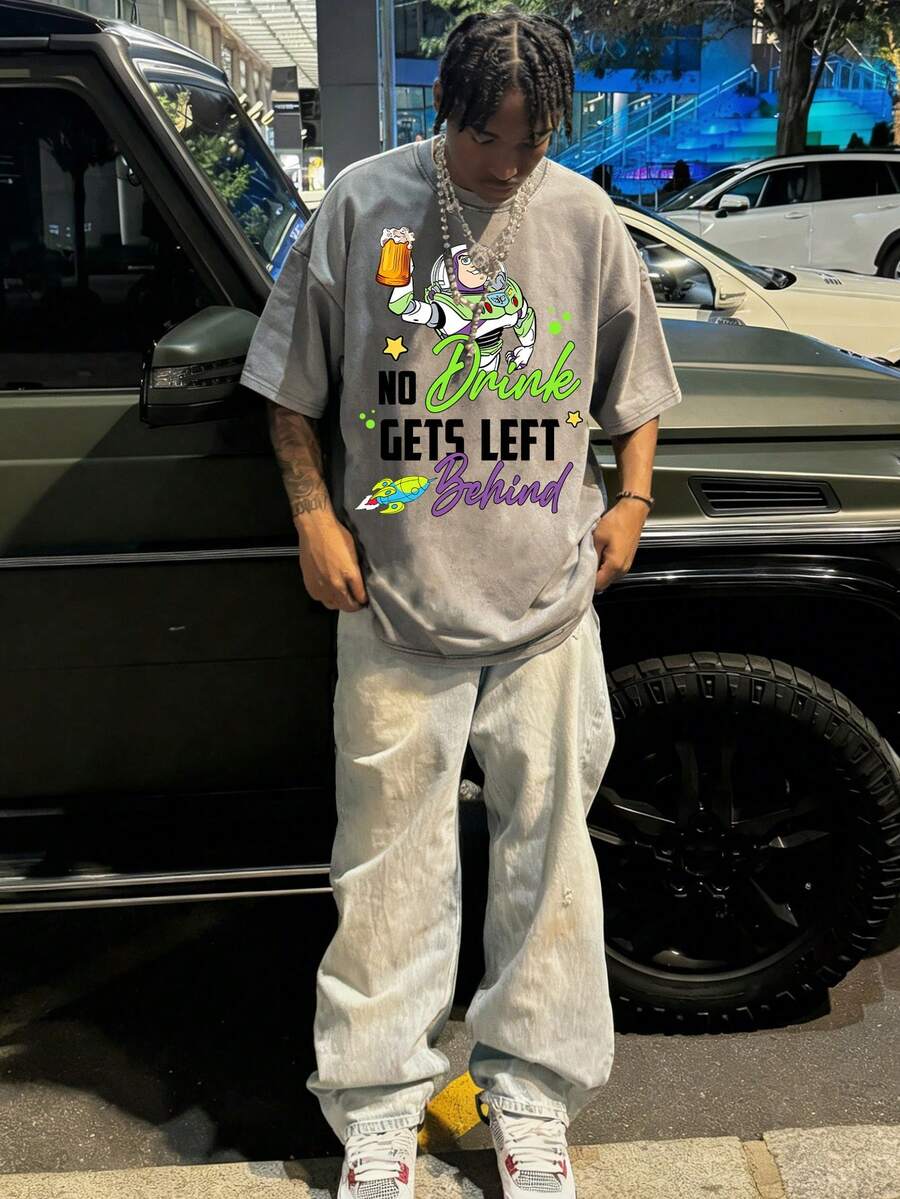 Unisex Short Sleeve T-Shirt, Disney Buzz Lightyear Fun Slogan Print Short Sleeve, Summer Travel Short Sleeve - 灰色 - 查看 1