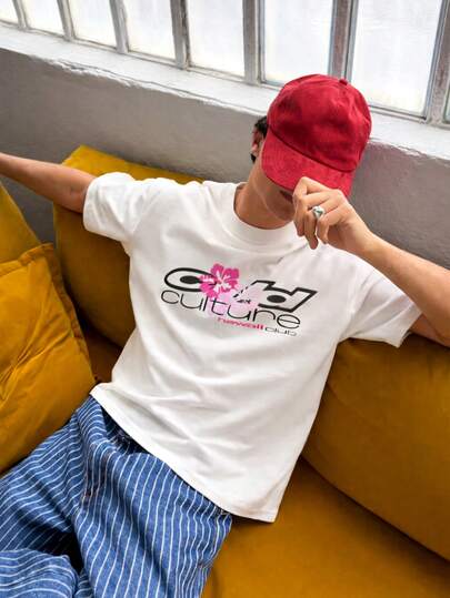 OVDY Unisex Retro Casual Floral Logo Print Oversized T-Shirt, Music Festival Tee, Commuting Tee
