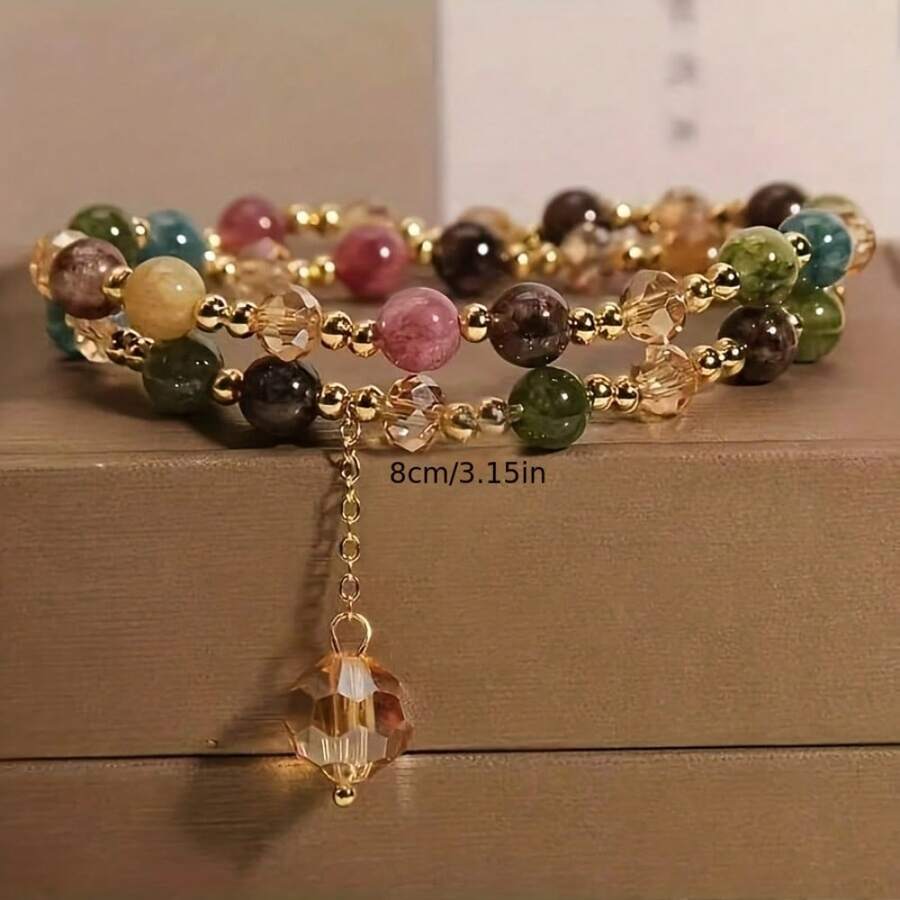 1 Double-Layer Beaded Bracelet, Retro Style, Suitable For Girls' Daily Wear - 彩色 - 查看 1