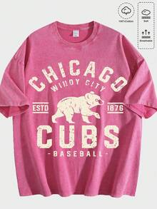 Vintage Washed Chicago Cubs Baseball Graphic Tee | Retro Windy City T-Shirt - Rose Red 10 - View 1