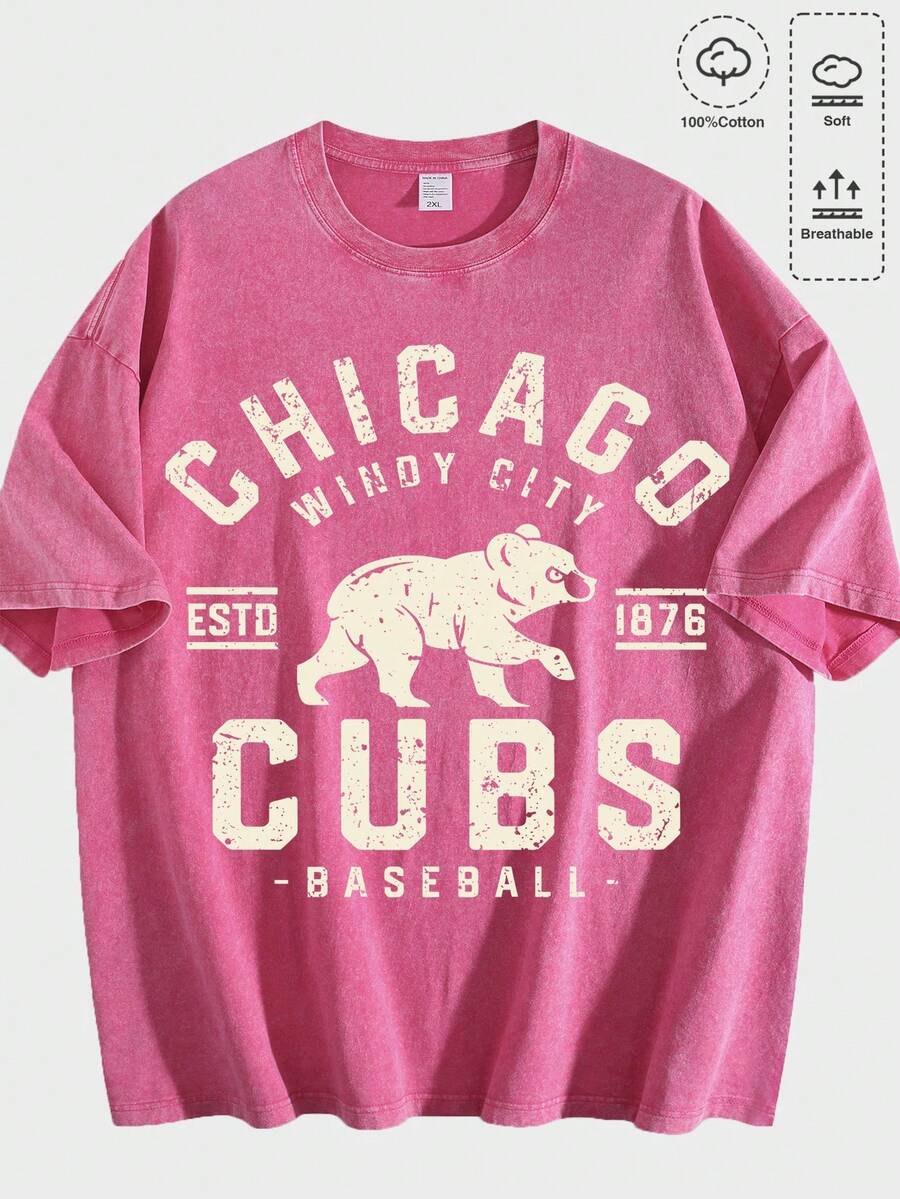 Vintage Washed Chicago Cubs Baseball Graphic Tee | Retro Windy City T-Shirt - Rose Red 10 - View 1