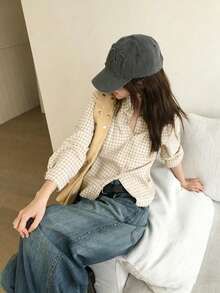 Autumn Waist-Cinching Striped Long Sleeve Shirt Tops - Apricot - View 3