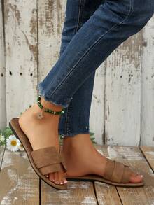 Dép lê một quai thời trang xuân/hè mới, dép đi biển đế bằng mũi tròn thoải mái, dép mùa hè thanh lịch dành cho nữ. - màu nâu - Xem 5