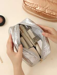2pcs Large Capacity Cosmetic Bag, Travel Portable Toiletry Organizer Pouch, Waterproof - Silver - View 4
