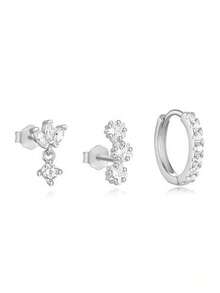 Bộ 3 bông tai mạ vàng đính đá CZ, kiểu dáng xếp chồng, bông tai vòng nhỏ nhắn dành cho nữ, trang sức đeo hàng ngày, đi làm, dự tiệc cưới, sinh nhật. - Bộ khuyên tai hình cánh hoa đính kim cương - Xem 5