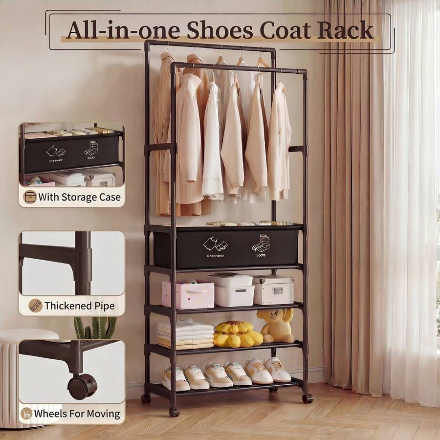 Metal Clothes Rack Double Rads Clothing Rail For Bedroom Portable Clothing Rack Clothes Storage Shelf With Storage Basket Holder Case - View 1