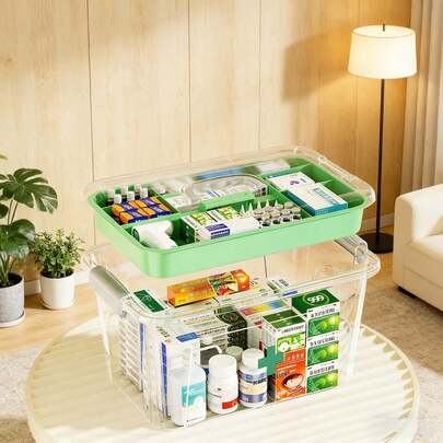 1pc Large Capacity Multi-Layer Plastic Medicine Storage Box With Handle, Portable Home Medical Organizer Suitable For Bedroom, Bathroom, Office And Other Places