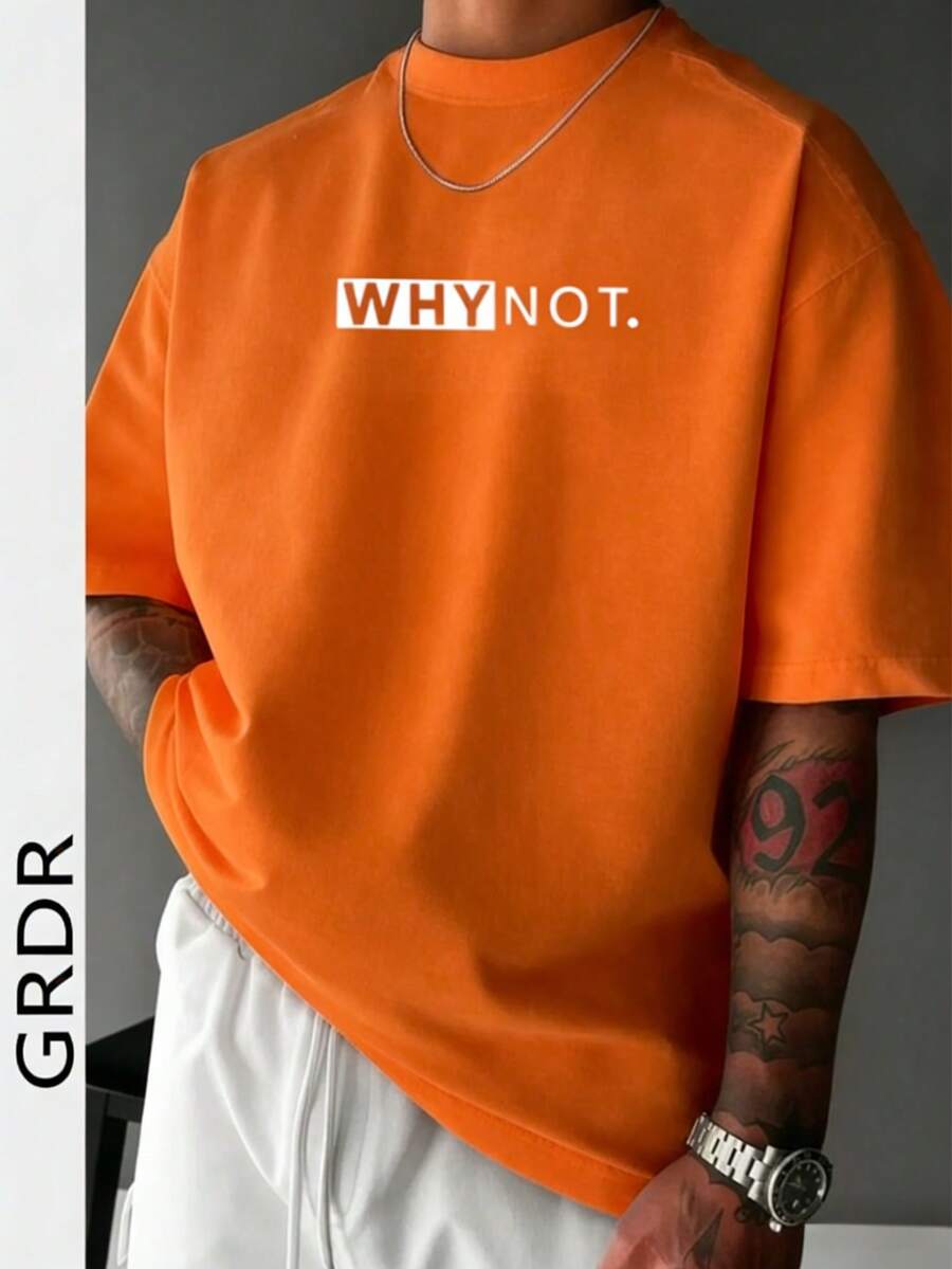 GRDR Men's Summer Letter Slogan Graphic Print Round Neck Short Sleeve T-Shirt, Comfortable & Fashionable - Orange - View 1