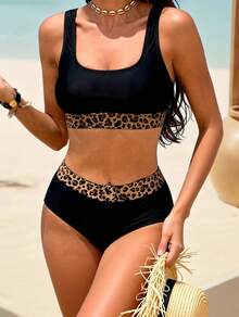 EMERY ROSE Leopard Print Contrast U-Neck Summer Beach Bikini Set - Black - View 1