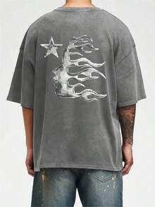 Men's Printed Pattern Washed T-Shirt - Casual Loose Summer T-Shirt With Star And Flame Design, Adult Brown 100% Pure Cotton Round Neck Shirt, Breathable T-Shirt|   Avant-Garde Casual Wear|   100% Pure Cotton Printed T-Shirt - 灰色 - 查看 3