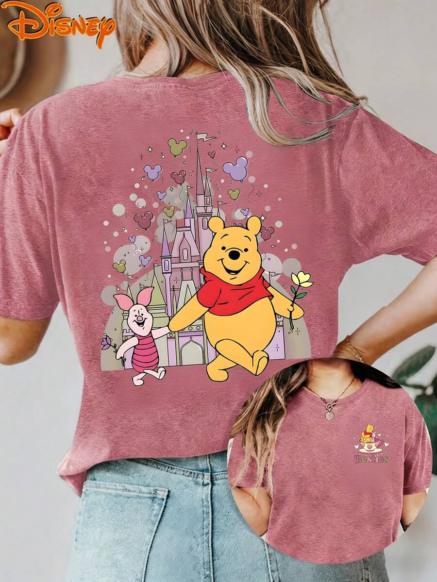 Disney License T Shirts,Women's Casual T-Shirt With Disney Winnie The Pooh And Piglet "Besties" Front Design, Large Back Print Of Disney Castle And Mickey Mouse Balloon Motifs ,Camiseta, Summer Outfits For Women, Summer Clothes, Summer Tops, Tops For Women, Festival Outfits, Summer Tops For Women, Mother's Day, Mother's Day Clothing, Gifts For Family And Friends, Spring Outfits For Women, Officially Licensed Disney T-Shirts, Disney Men's And Women's Spring/Summer Fashion Casual Short-Sleeve T-Shirts - Màu Hồng Tươi - Xem 1
