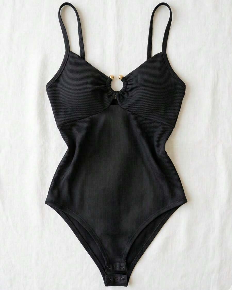 Women's Ribbed Bodysuit With Thin Straps And Gathered Detail At The Front. - Black - View 1