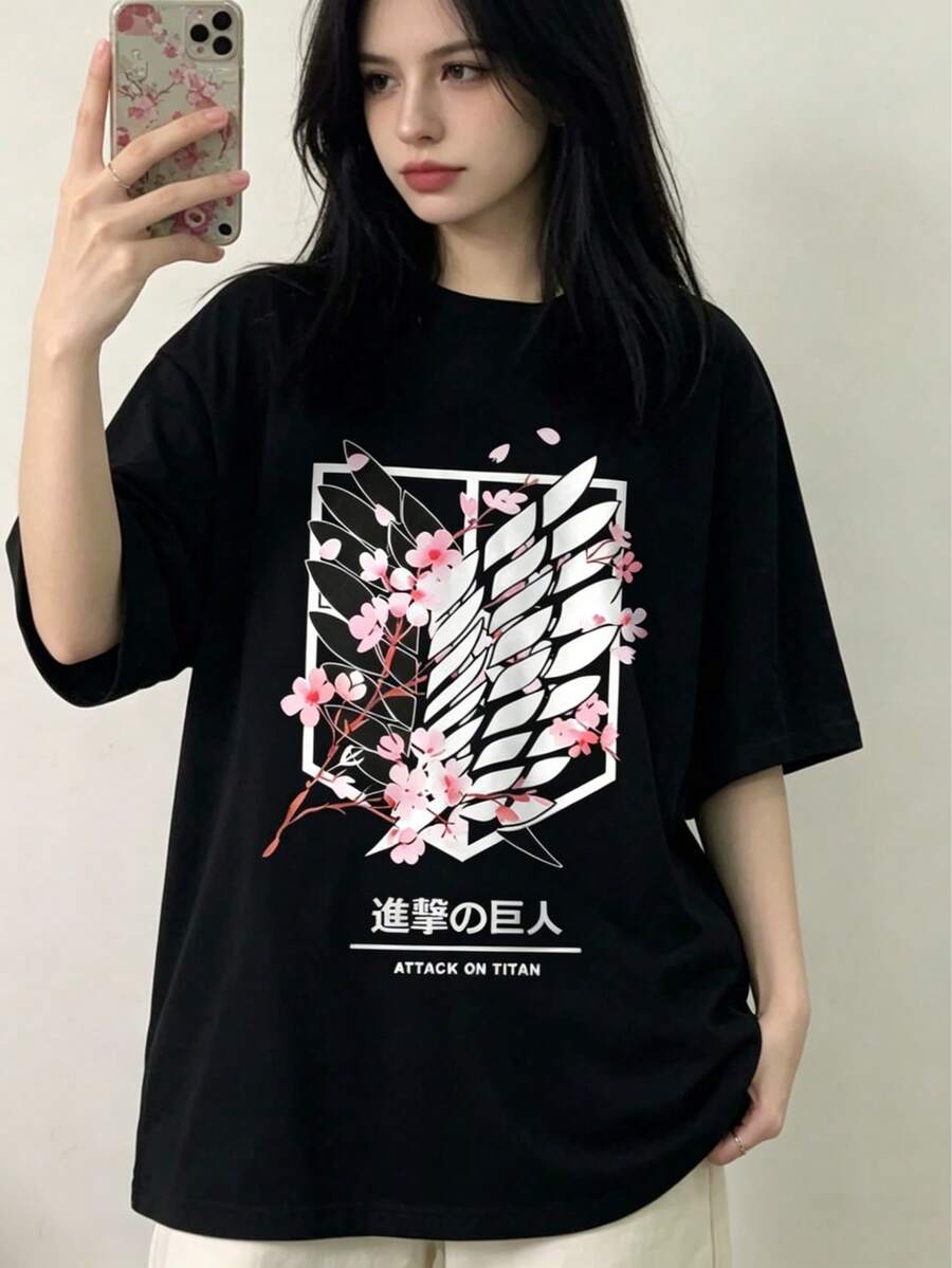 Plus-Size Printed T-Shirt, Women's Simple And Stylish Regular Casual T-Shirt, Suitable For All Seasons. - Black - View 1