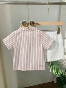 男婴夏季休闲条纹短袖衬衫和白色短裤两件套，适合街头、学校和拍照穿着。 - 杏色 - 查看 3