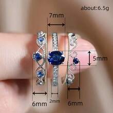 Bộ 3 chiếc nhẫn trang sức nữ sang trọng, cá nhân hóa, đính đá Zirconia xanh dương, kiểu dáng Crown Royal, phù hợp cho đám cưới, lễ đính hôn, đeo hàng ngày, dự tiệc, các mùa trong năm, đặc biệt là mùa hè. - Bạc - Xem 4