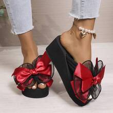 女士手工花朵蝴蝶结人字拖，TPR鞋底，6.5厘米鞋跟，防滑耐磨休闲沙滩夏季坡跟拖鞋，黑色 - 紅色 - 查看 7