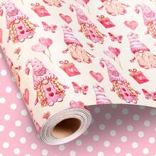 Burymento - Papel de regalo de San Valentín, gnomos reversibles con globos de corazón para boda, cumpleaños, baby shower, día de la madre, graduación, Halloween, Navidad (17 x 32.8 pies) - Rosa - Gnomo-Corazón - Ver 2