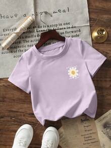 Baby Girls' Minimalist Daisy Print Round Neck Short Sleeve Cute Top - Mauve Purple - View 4