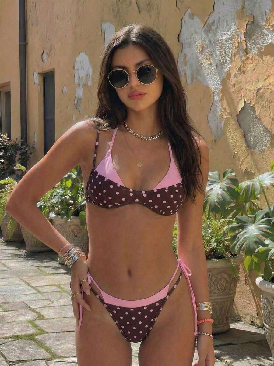 New Spring/Summer Retro Casual Sexy Elegant Polka Dot Color Block Halter Bikini, Vacation Style Party Beach Swimsuit Set - Pink - View 1