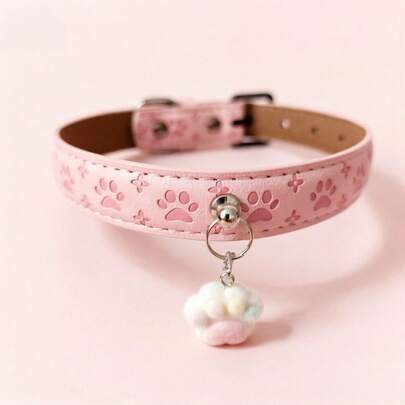 Cute Paw Print Dog Collar With Plush Paw Pendant, Adjustable PU Leather Small Dog Collar, Kawaii Pet Necklace Suitable For Small Dogs & Cats, Fashionable Pet Accessory