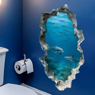 1 miếng dán hiệu ứng lỗ thủng thế giới dưới nước, hình cá heo và cá mập, trang trí tường phòng tắm sáng tạo, tự dính, có thể tháo rời.