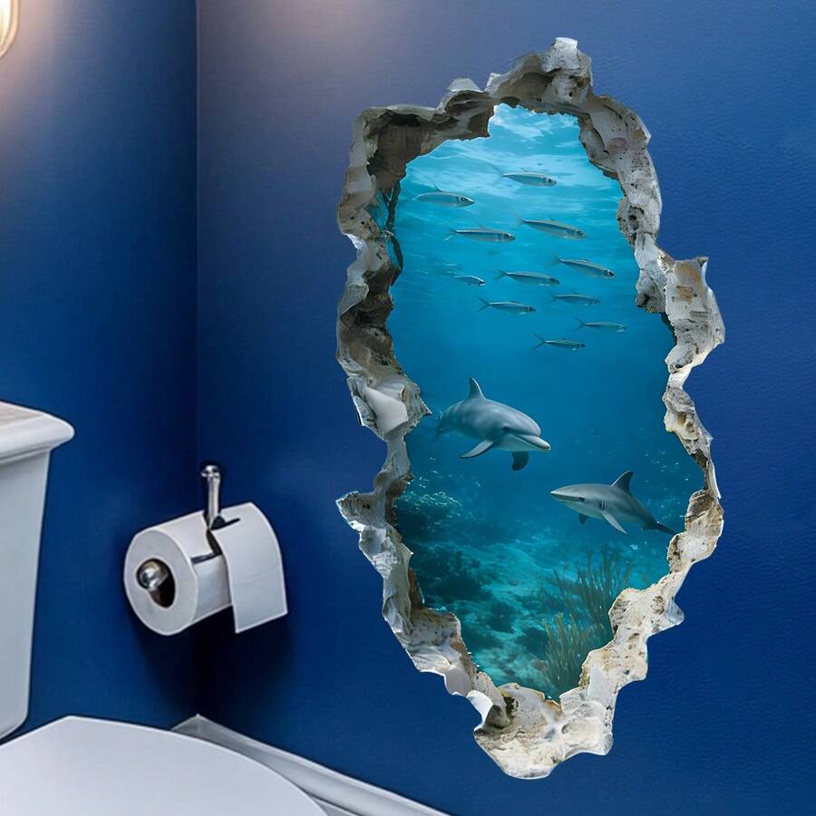 1片水下世界洞穴效果貼紙,海豚與鯊魚裝飾貼紙,創意浴室牆面裝飾自黏可移除,適用於2026年足球世界盃 - 多色 - 查看 1
