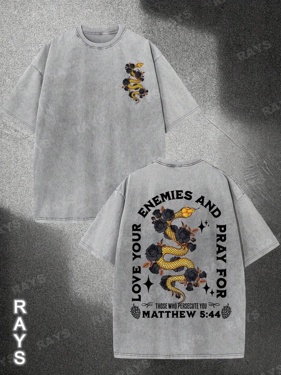Summer Outfits For WomenMen's 230g Washed Cotton T-Shirt - Streetwear Graphic Tee With "Enemies & Pray" Back Print & Matthew 5:44 Scripture, 100% Cott - 灰色 - 查看 1