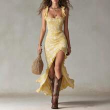 Women Boho Floral Print Long Dress Straps Sleeveless Asymmetrical Hem Cami Dress Woven - Màu vàng - Xem 1