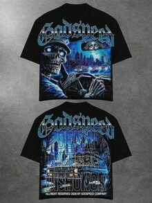 Men's Vintage Oversized Godspeed Death Before Dishonor Skull Car Graphic Tee 100% Cotton Streetwear Short Sleeve T-Shirt, Men's Spring-Summer New Fashion Clothing, Vintage Distressed Design Loose Long Skirt, High-Quality Wax Printed Cotton Retro Fashion Brand T-Shirt, Men's T-Shirt, Beach Must-Have, Men's Summer T-Shirt, Holiday Gift, Perfect Gift, Summer Tops - màu đen - Xem 1