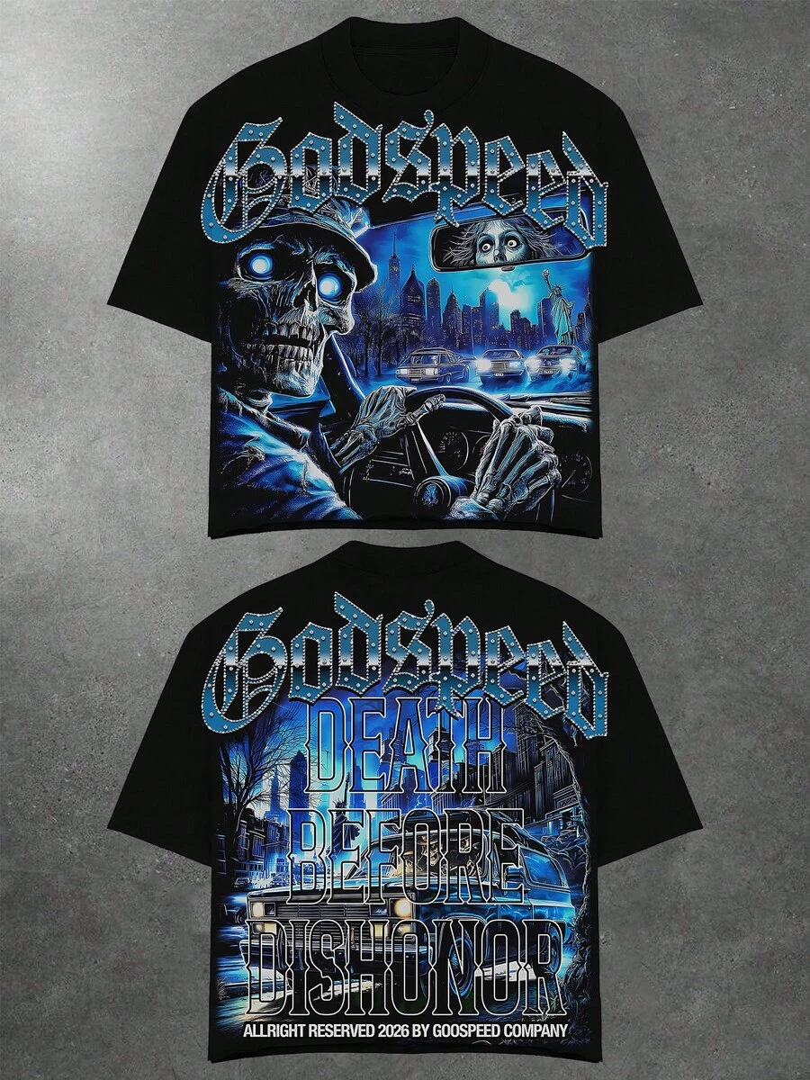 Men's Vintage Oversized Godspeed Death Before Dishonor Skull Car Graphic Tee 100% Cotton Streetwear Short Sleeve T-Shirt, Men's Spring-Summer New Fashion Clothing, Vintage Distressed Design Loose Long Skirt, High-Quality Wax Printed Cotton Retro Fashion Brand T-Shirt, Men's T-Shirt, Beach Must-Have, Men's Summer T-Shirt, Holiday Gift, Perfect Gift, Summer Tops - màu đen - Xem 1