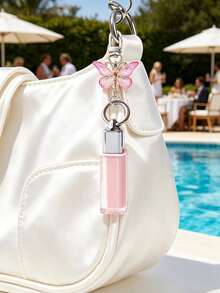 1支4毫升方形唇彩管，带银色环扣，配有蝴蝶钥匙扣吊坠，透明唇釉空管，时尚优雅的包包挂饰，方形迷你唇彩油空瓶，可重复使用，液体粉底小样包装空瓶，便携式空瓶，旅行必备迷你补充装，可挂在钥匙链上 - 彩色 - 查看 2