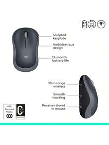 Logitech 罗技 M185 无线鼠标，2.4GHz 频段，配备 USB 迷你接收器，电池续航时间长达 12 个月，1000 DPI 光学追踪，左右手通用，适用于 PC/Mac/笔记本电脑 - 查看 9