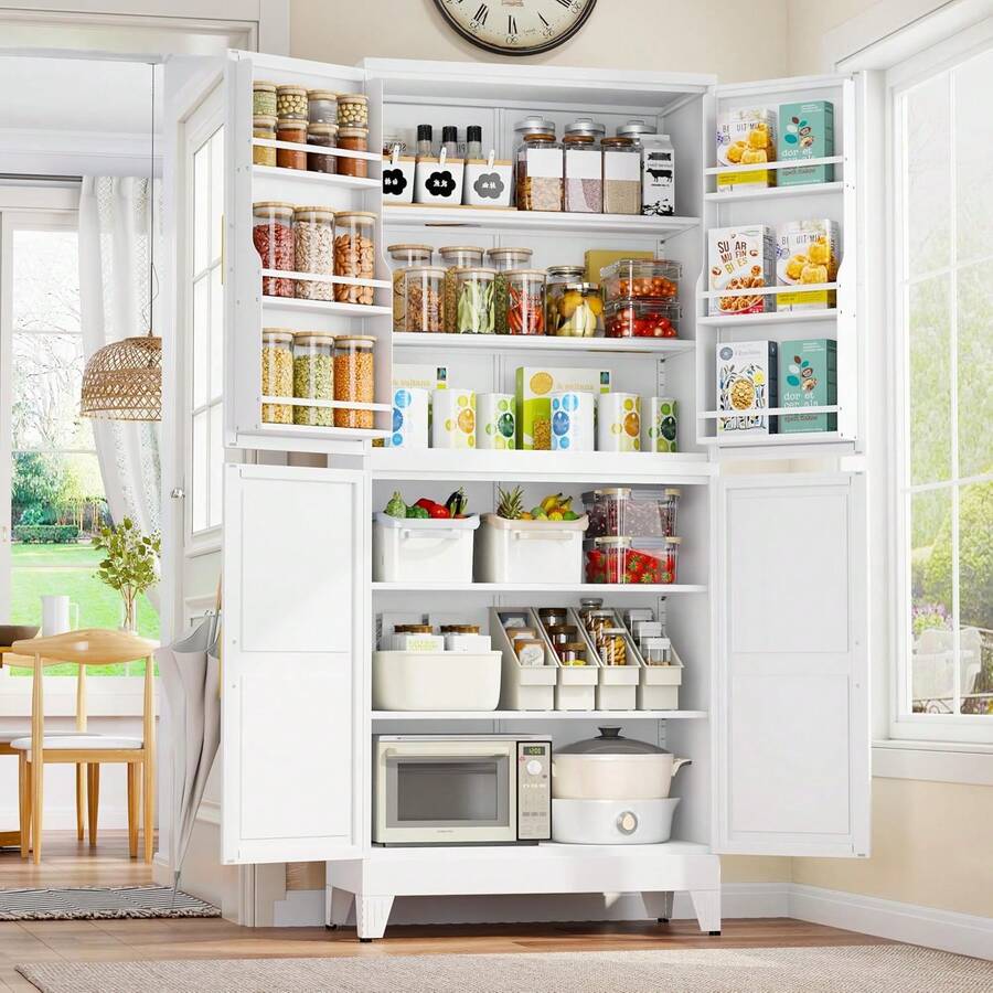 74.8" Tall Metal Food Cabinet, White Kitchen Pantry Cabinet, Storage Cabinets With 4 Door And 4 Adjustable Shelves, Steel Freestanding Cupboard For Kitchen Dining Room Living Room Bathroom - trắng - Xem 1