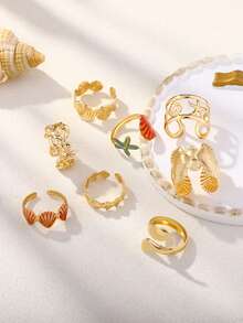 Colorful Enamel Starfish & Shell Open Ring Set, Beach Vacation Style, Suitable For Daily Wear - Ocean Breeze - View 4